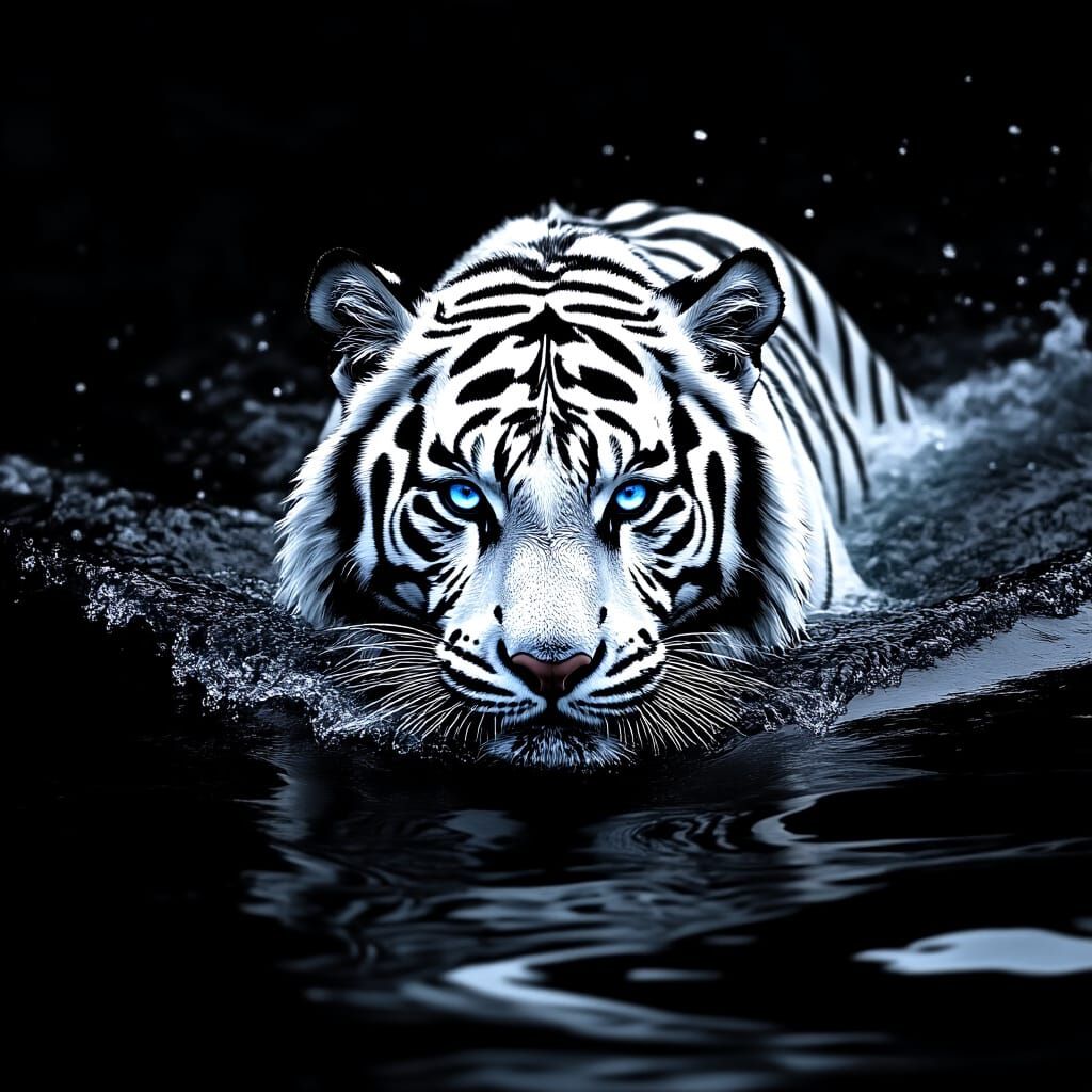 White Bengal Tiger Swims in Dark River