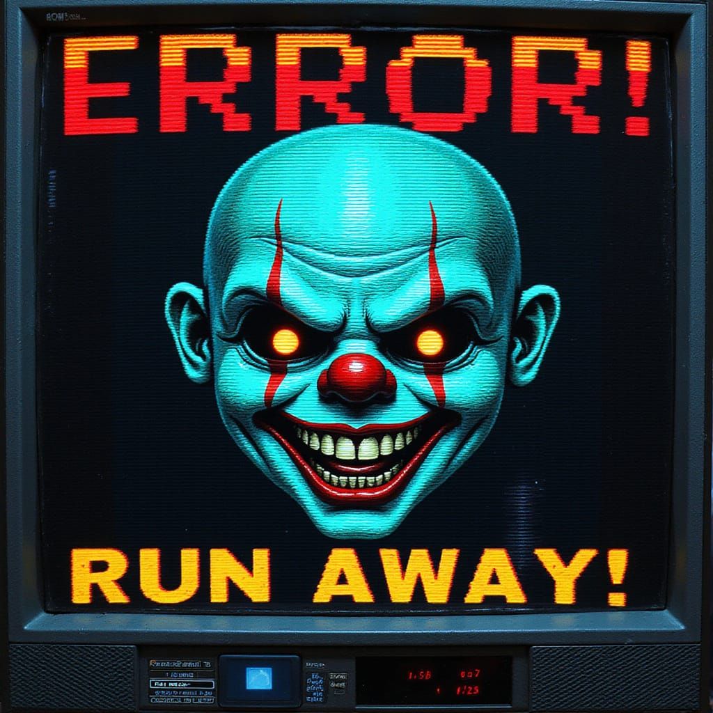 Distressed Retro Computer Screen with Eerie Clown Face
