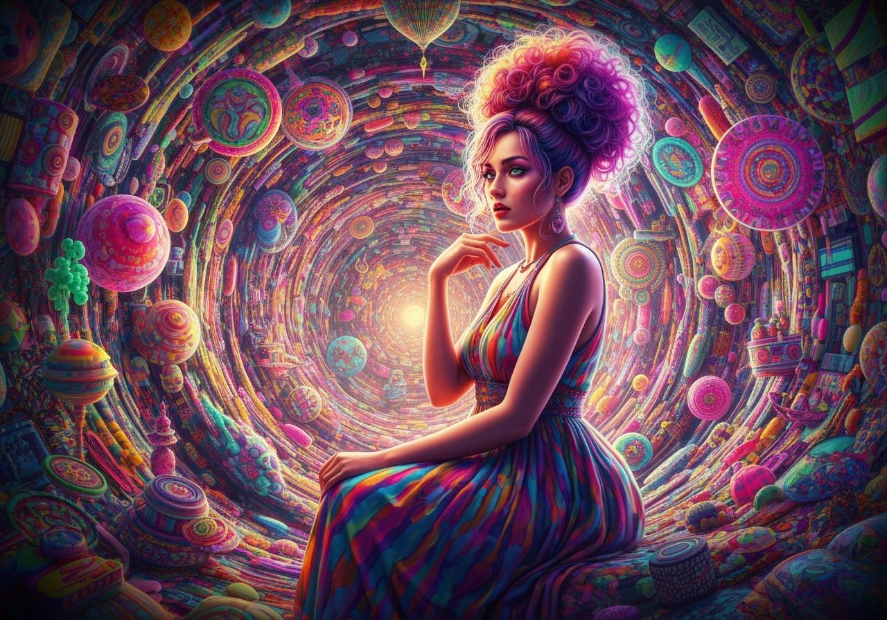 Woman in Petal Dress on Beach in High-Fashion Style