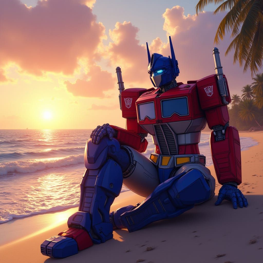 Optimus Prime Relaxing on a Beach at Sunset