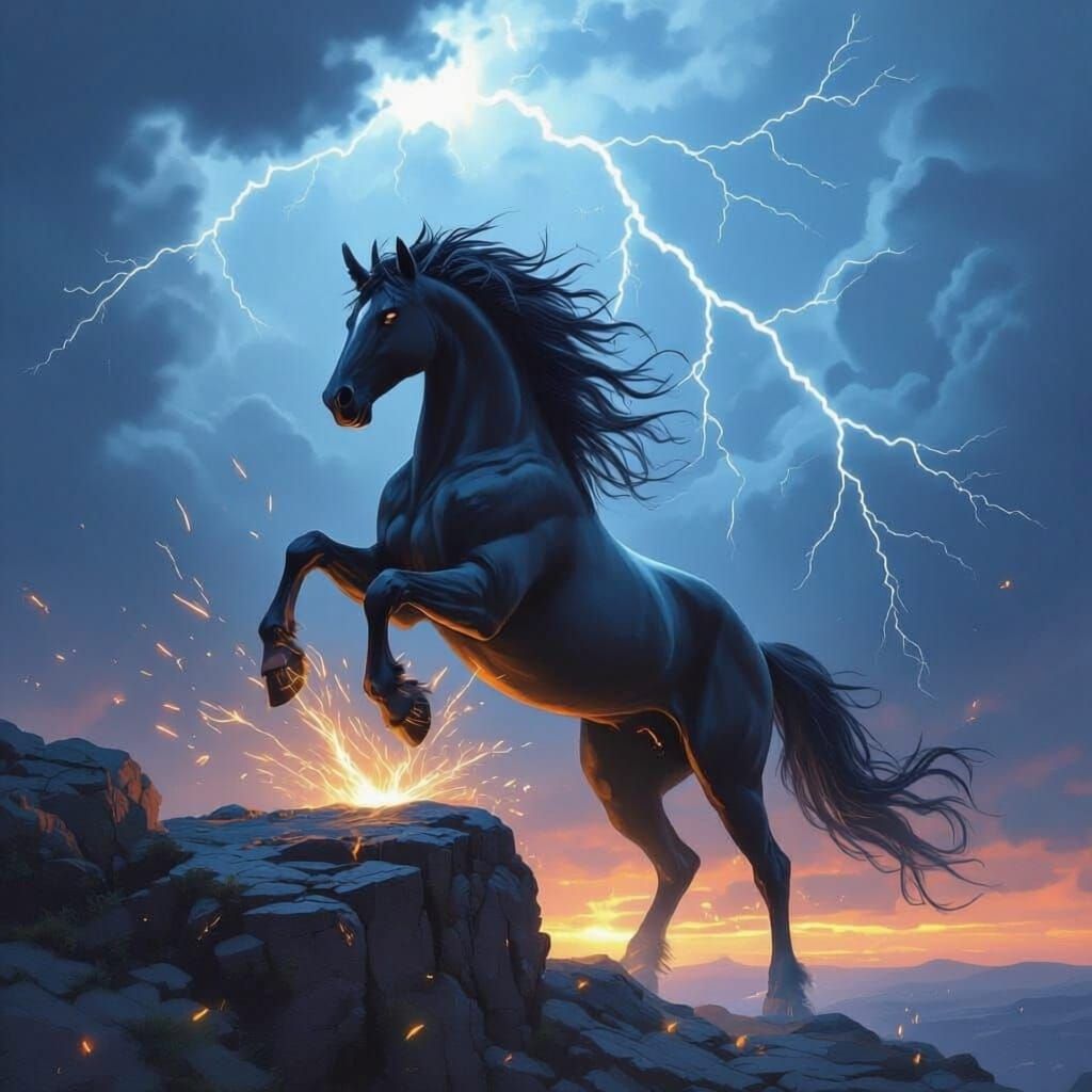 Mythical Horse Rears Up During Thunderstorm