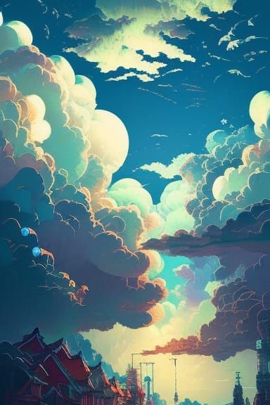 Japanese Cloudscape Photoillustration in Maximalist Style
