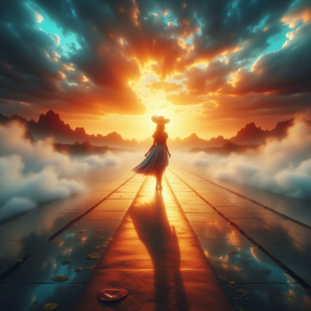 Figure Walks to Glowing Horizon in Surreal Style