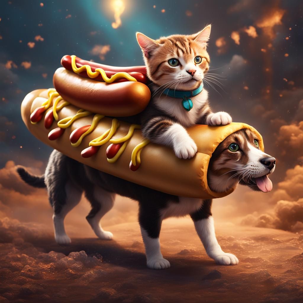Cat Riding Dog in Hot Dog Costume