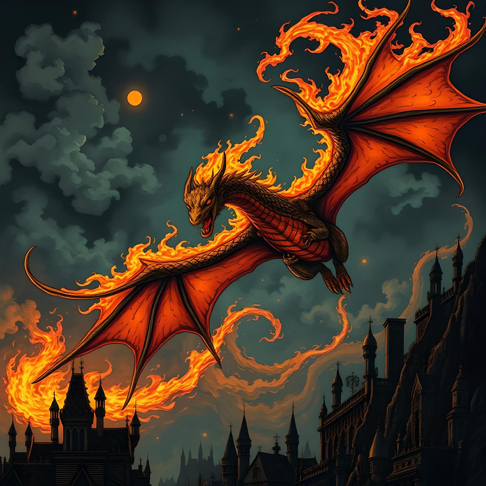 Colorful Fire Dragon Over Dark City in Gothic Style