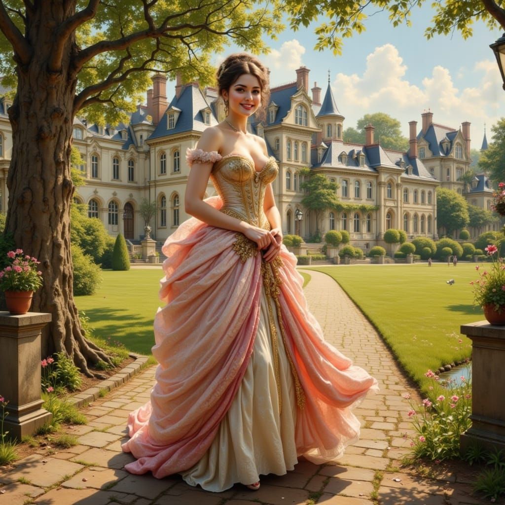 18th Century Noblewoman Outside Chateau in Oil Painting Styl...