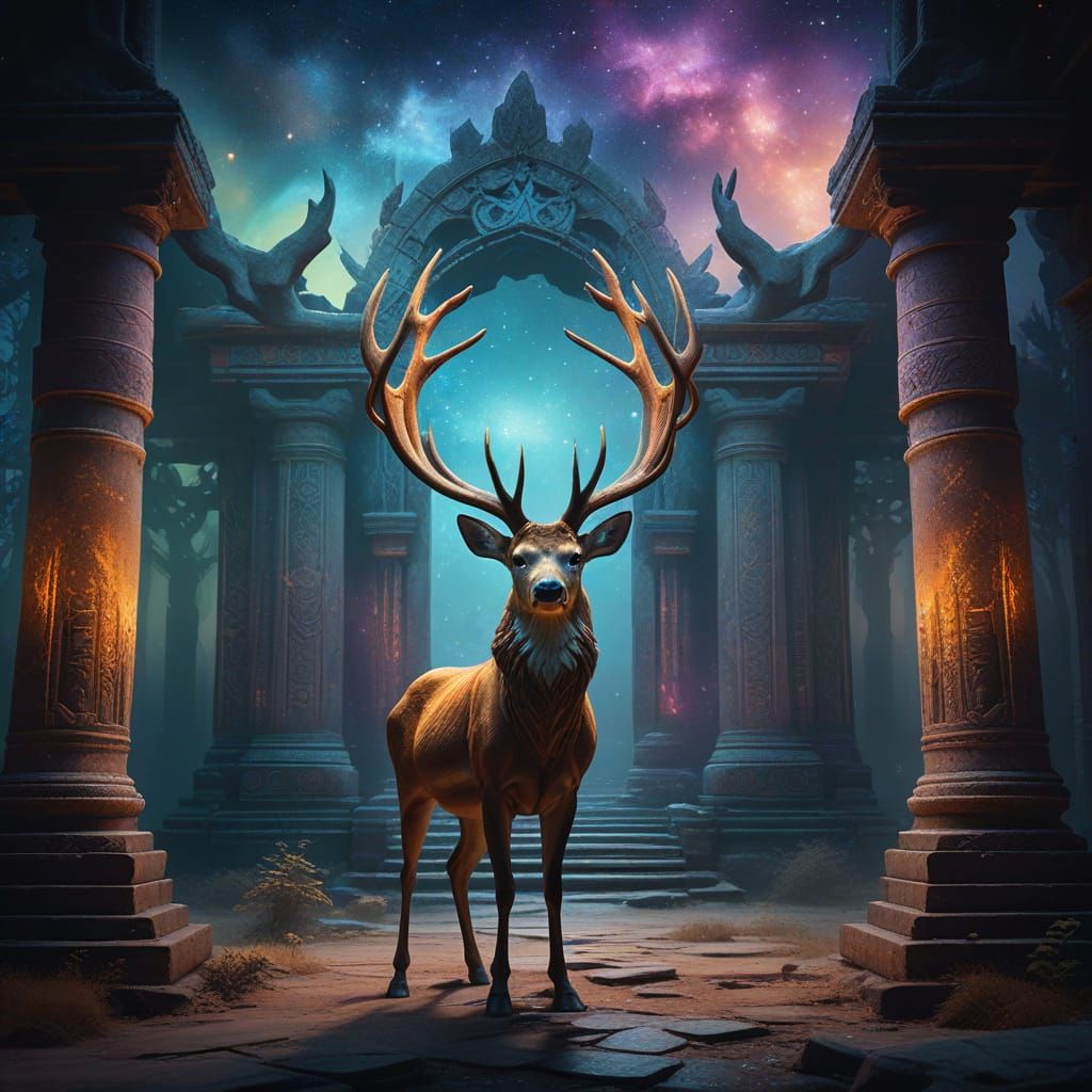Deer with Galaxy Antlers in Surrealist Oil Painting