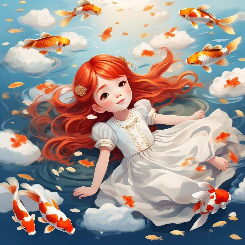 Red-Haired Girl on Cloud with Koi Fish