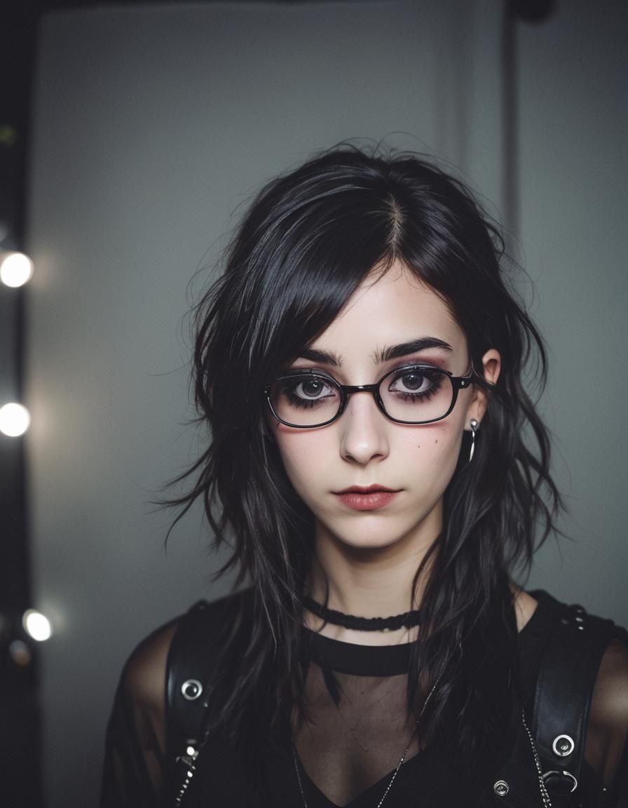 Emo Girl with Glasses in Dark Studio