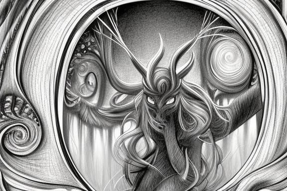 Mystical Creature Emerging from a Portal: Pencil Sketch