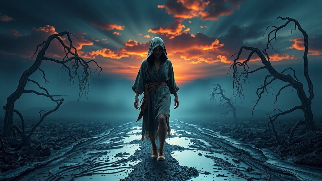 Mysterious Figure Emerging from Mists in a Desolate, Gloomy...