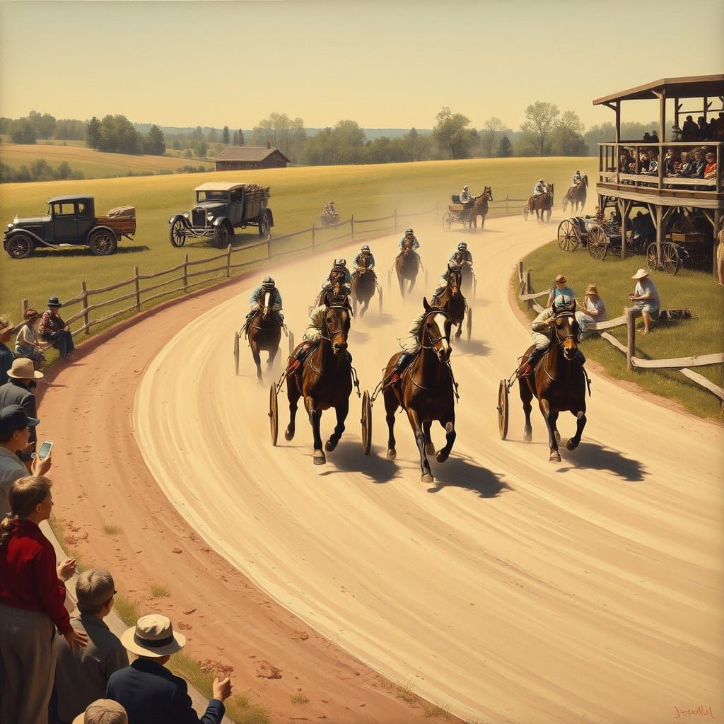 1930s Harness Racing Scene as Oil Painting