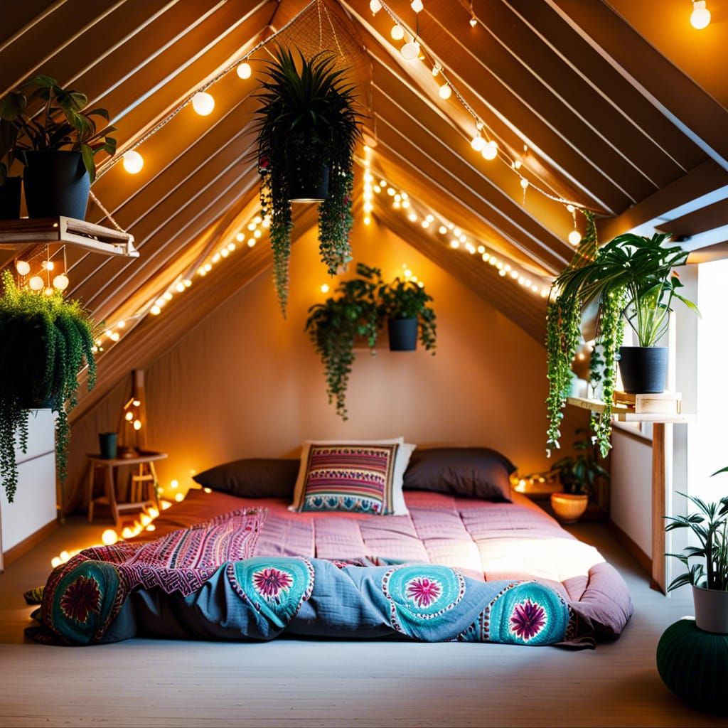 Bohemian Attic Bedroom with String Lights and Plants