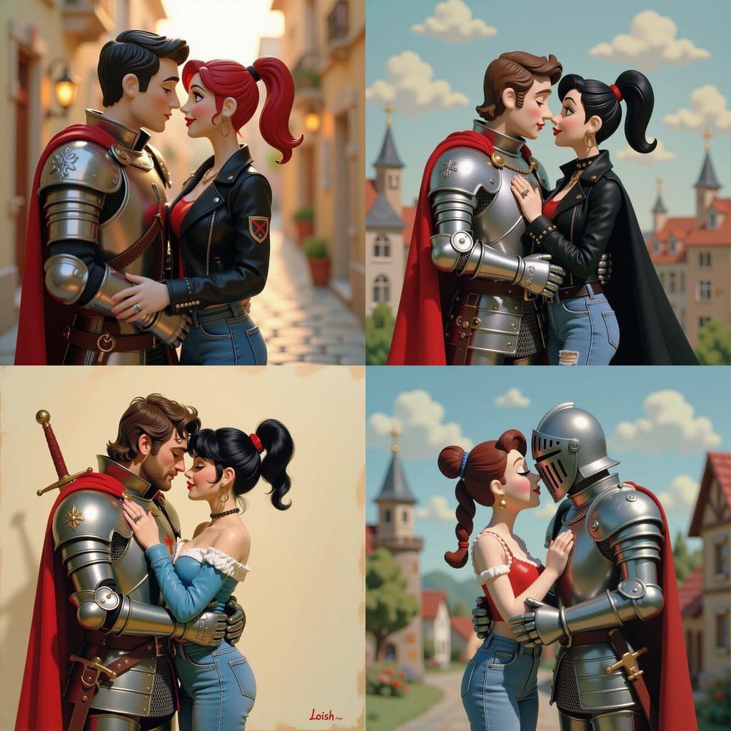 Knight Kisses Punk Woman in Oil Painting Style