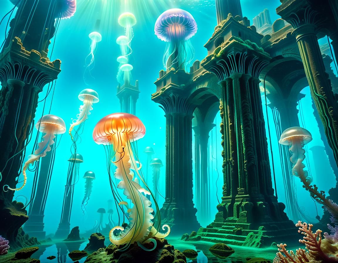 Surreal Underwater City with Bioluminescent Life