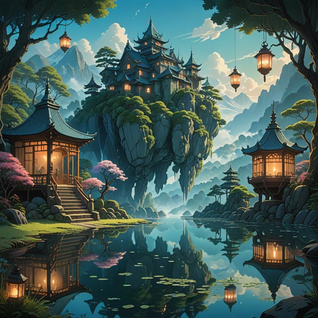 Tranquil Fantasy Sanctuary with Crystal Mountains and Biolum...