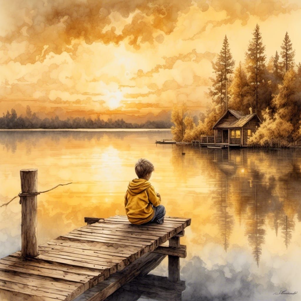 Boy on Dock at Sunset: Watercolor Alcohol Ink Art