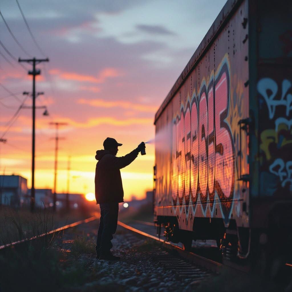 Graffiti Artist at Sunset, Vintage Street Art Style