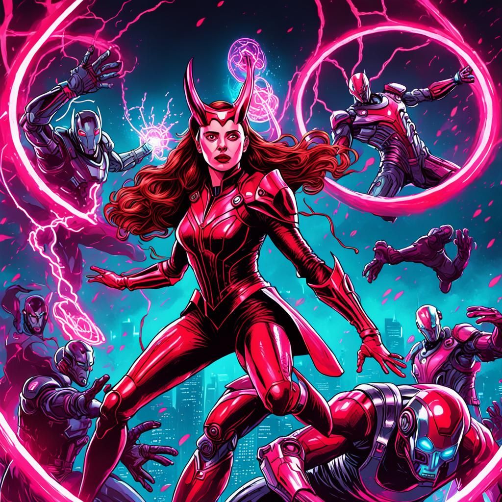 Scarlet Witch Battles Ultron in Synthwave Style