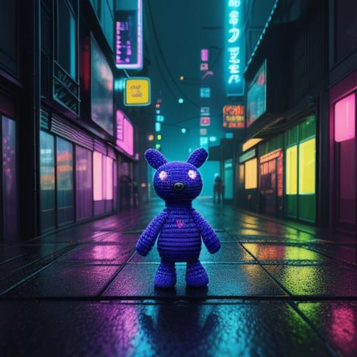 Vibrant Cyberpunk Amigurumi in Neon Alleyway