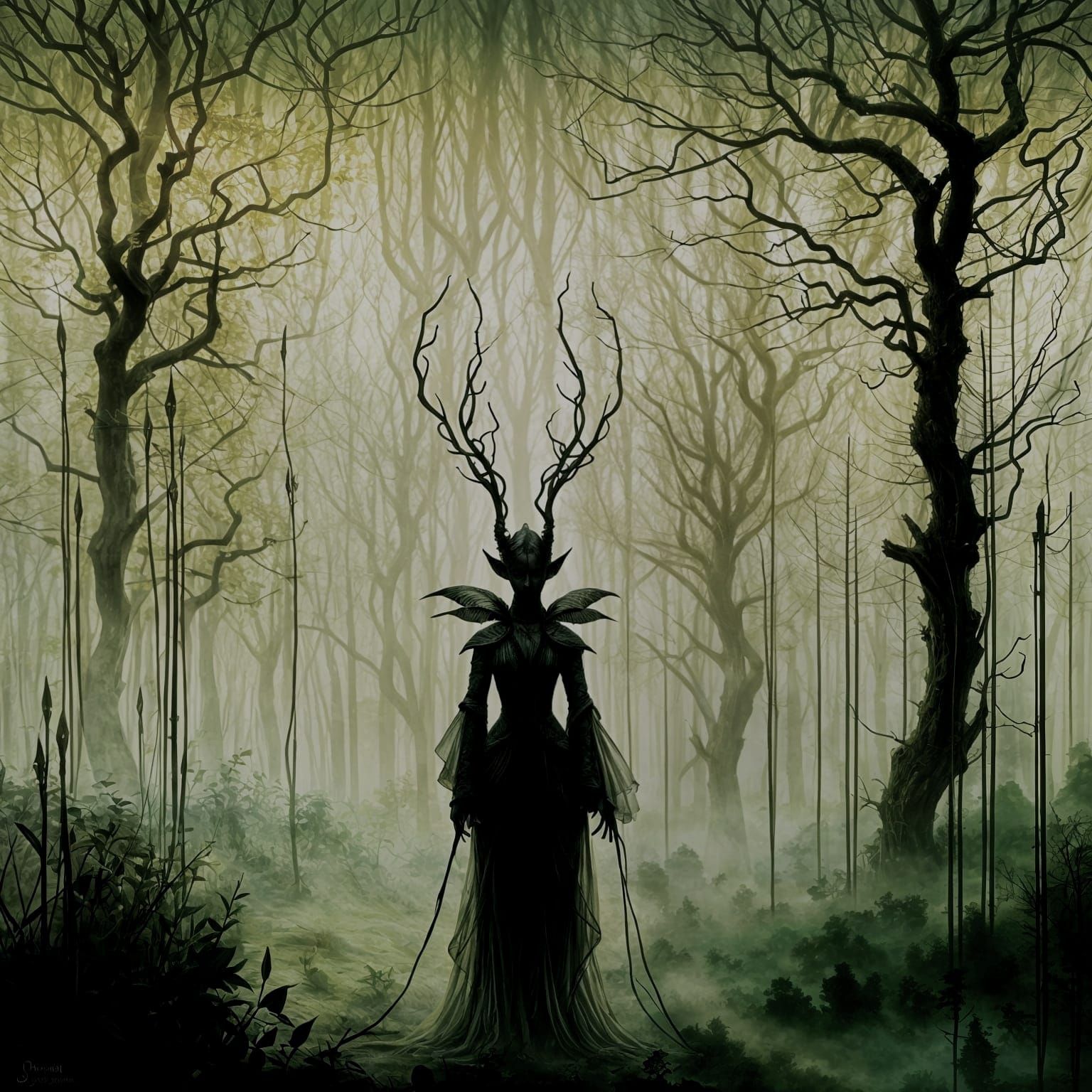 Ethereal Changeling Silhouette in Serene Green and Golden Fo...