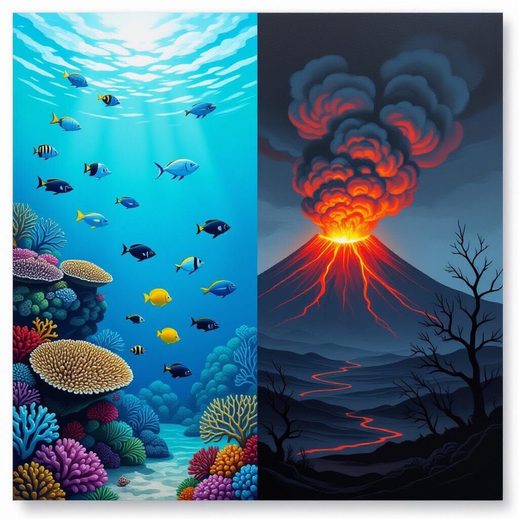 Underwater Coral Reef Meets Smoldering Volcano Painting