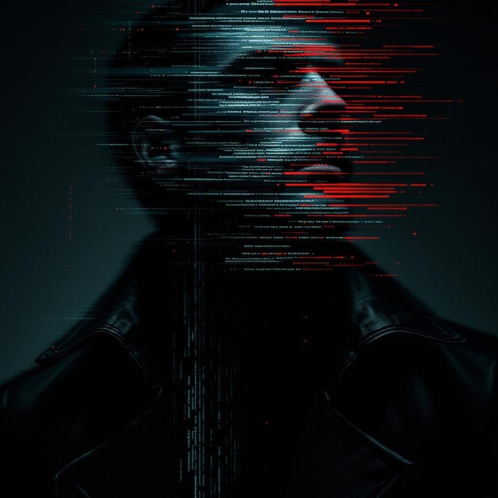 Glitching Hacker Face in Dystopian Future