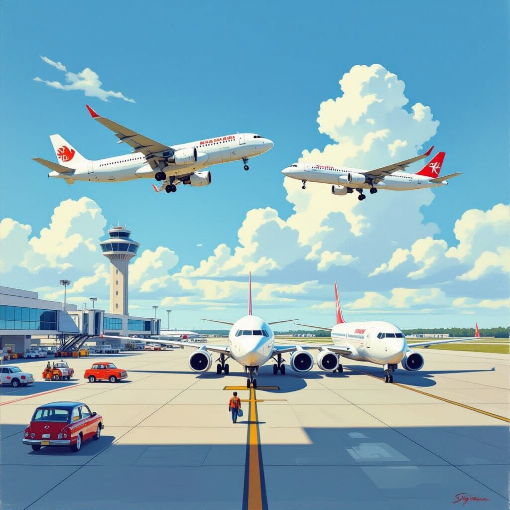 Realistic Airport Scene with Airplanes Taking Off
