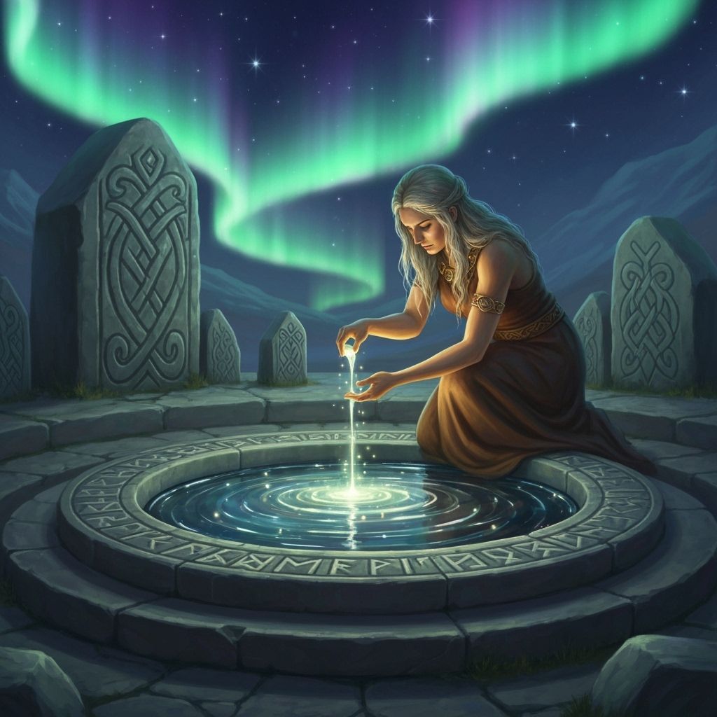 Norn Urd Tends Well of Fate Beneath Yggdrasil