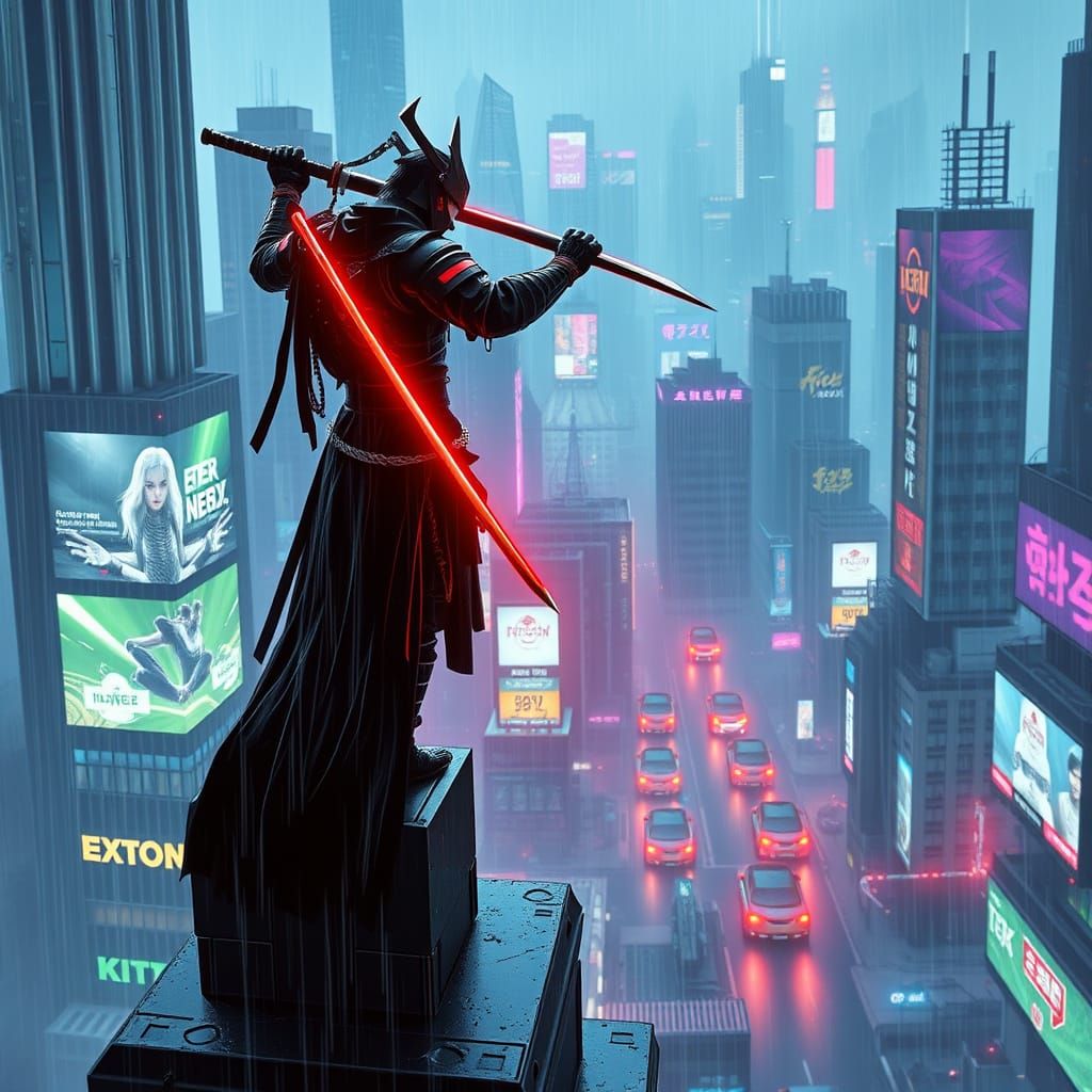 Cyberpunk Samurai Defies the Neon Metropolis