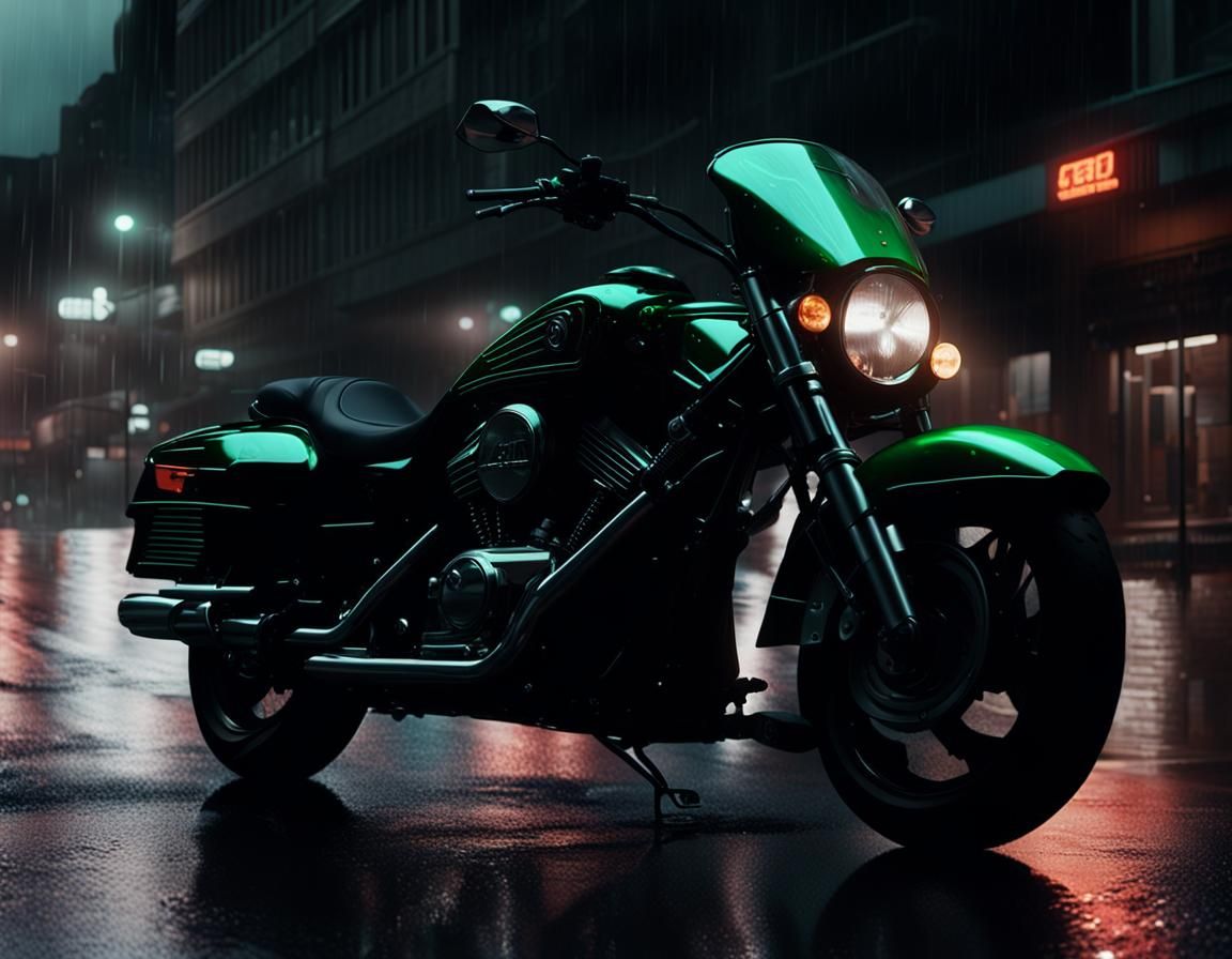 Futuristic Motorcycle on Rainy Street in Cyberpunk Style