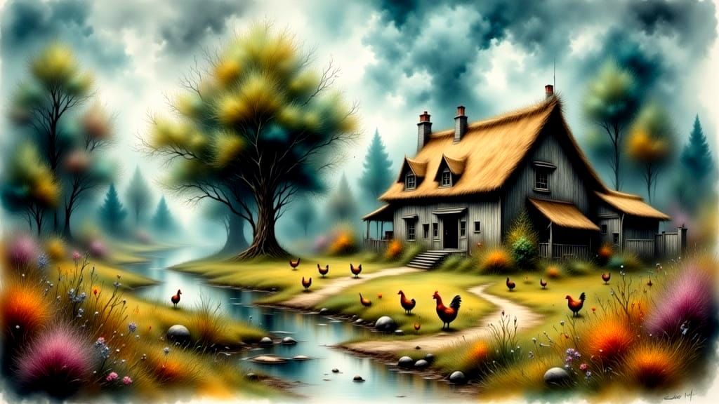 Whimsical Farmyard Scene in High Fantasy Watercolor