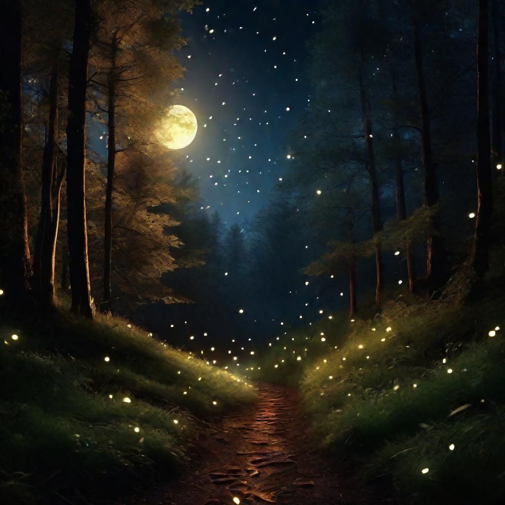 Fireflies Dance in Forest Glen Under Full Moon