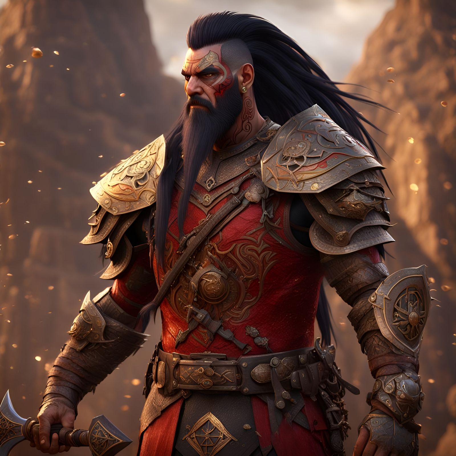 Red Goliath Warrior with Axe, Detailed Fantasy Art