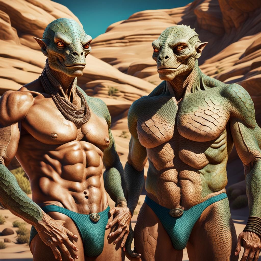 Gay Alien Couple at Desert Oasis in Hyperrealistic Style