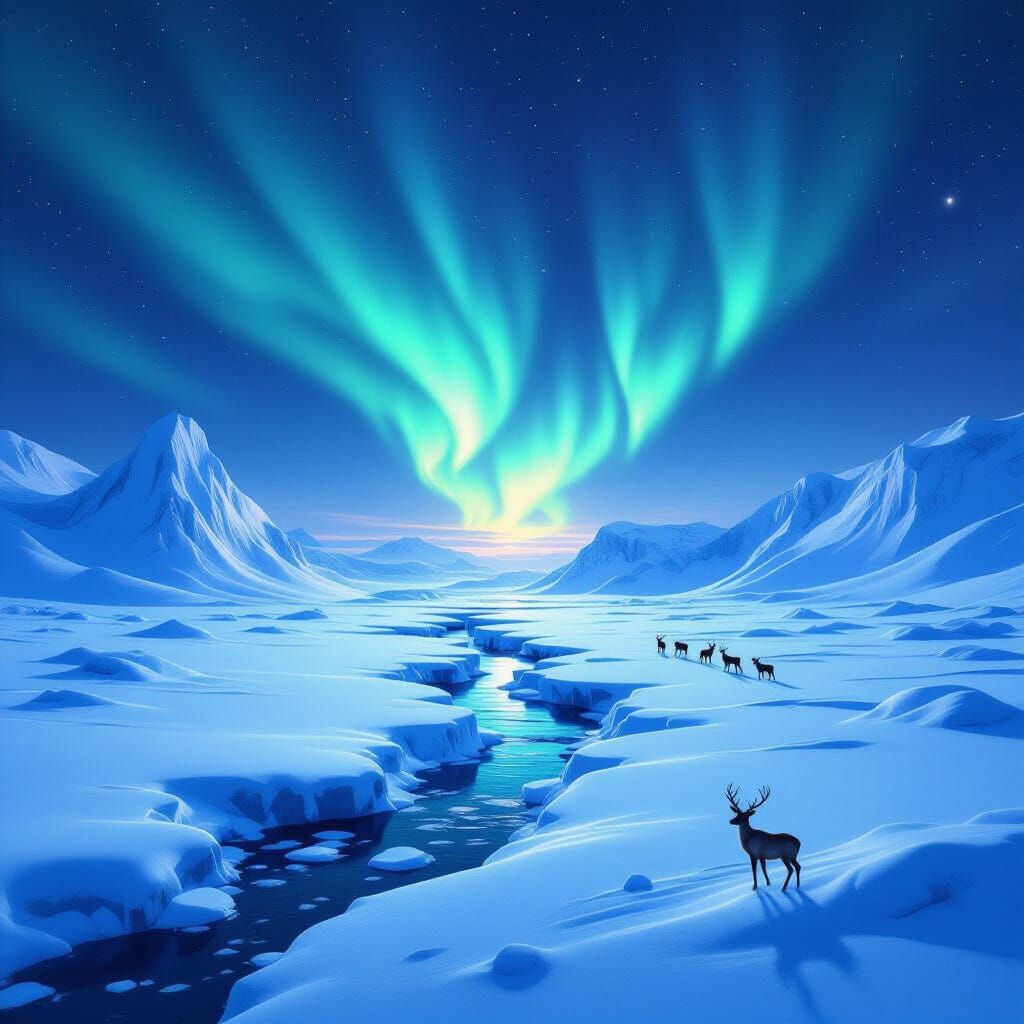 Arctic Tundra Dreamscape with Glowing Icebergs and Aurora