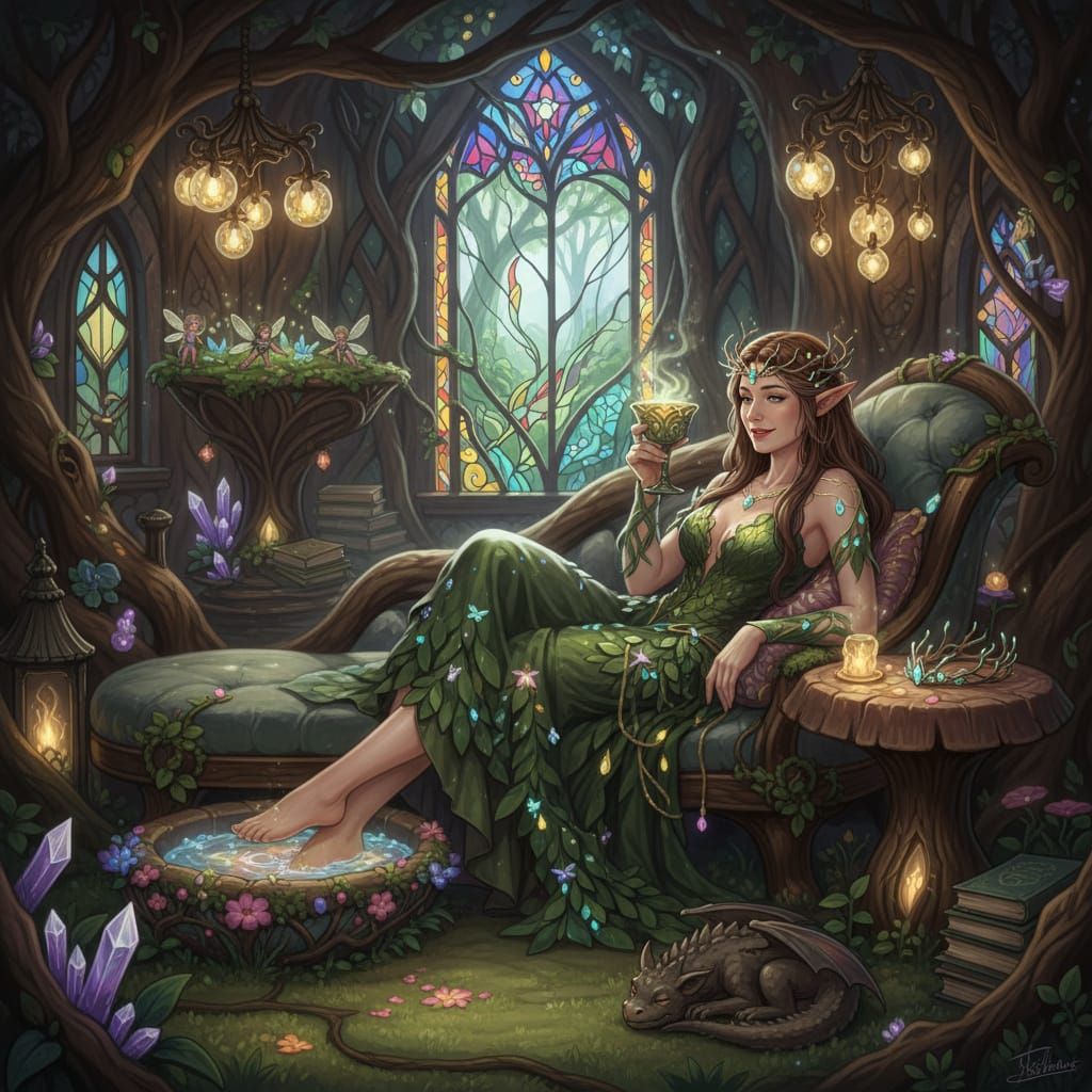 Fae Queen Unwinds in Her Home