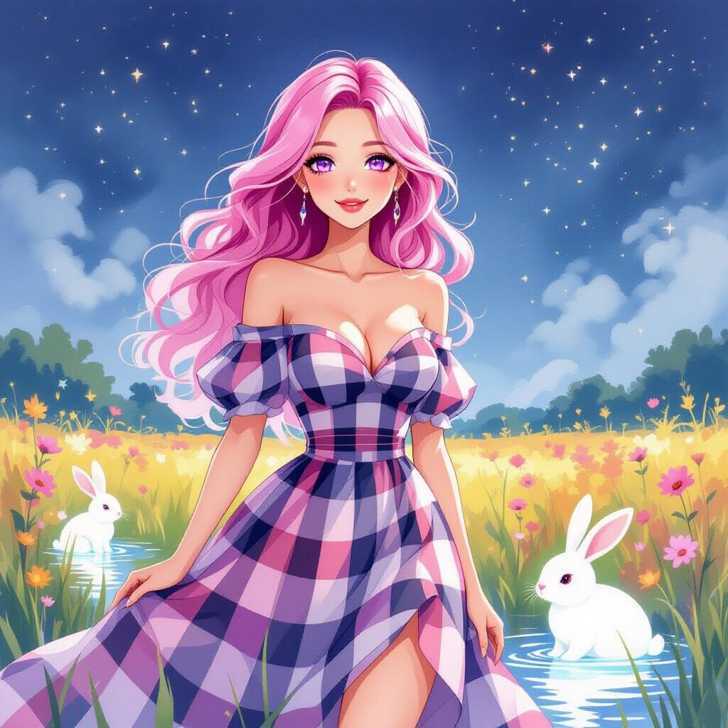 Woman with Glowing Rabbits in Watercolor Field