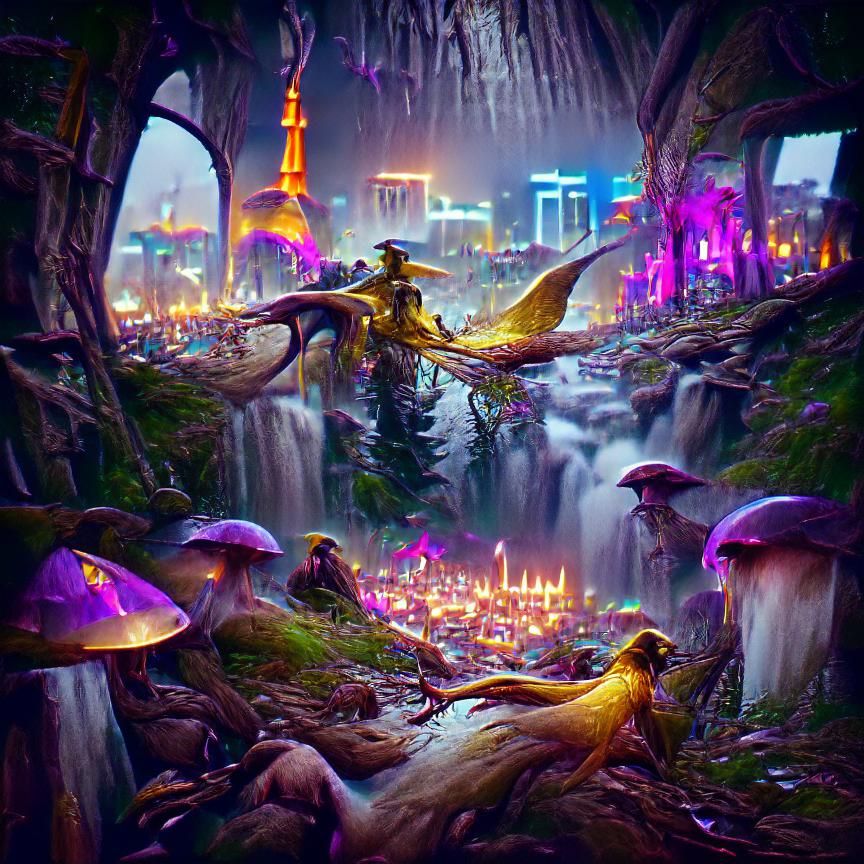 Surreal Landscape with Neon Waterfalls and Crystal Skyscrape...
