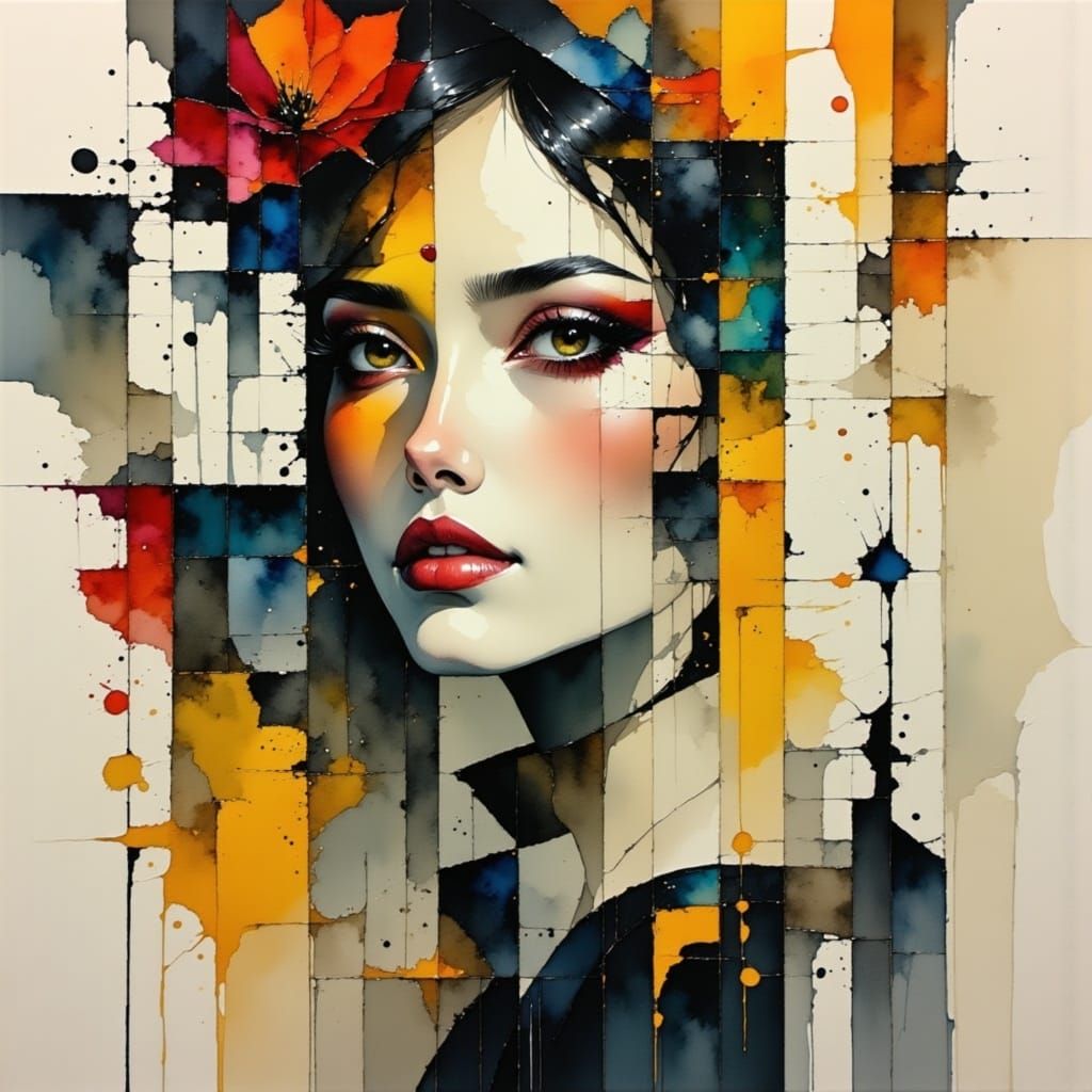 Elegant Deconstructed Portrait with Cubist Geometric Element...