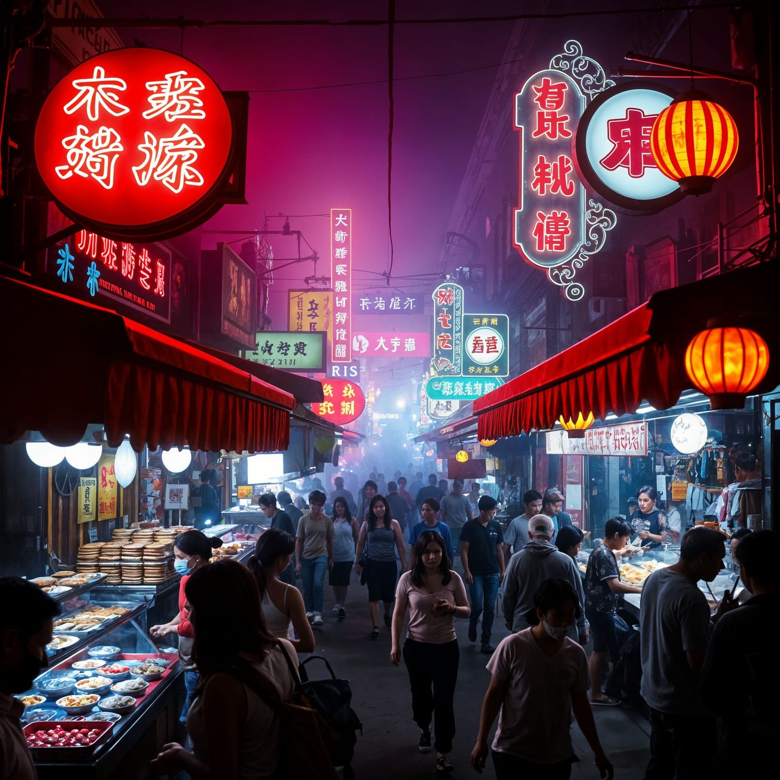 Ethereal Night Market Scene in Vibrant Neon