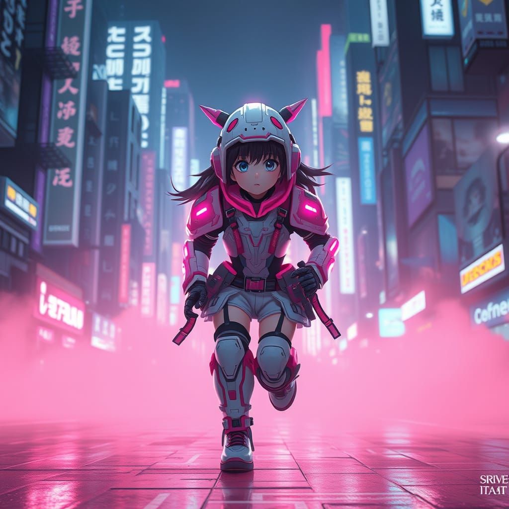 Cyberpunk Girl Runs Through Neon City in Pink Mist