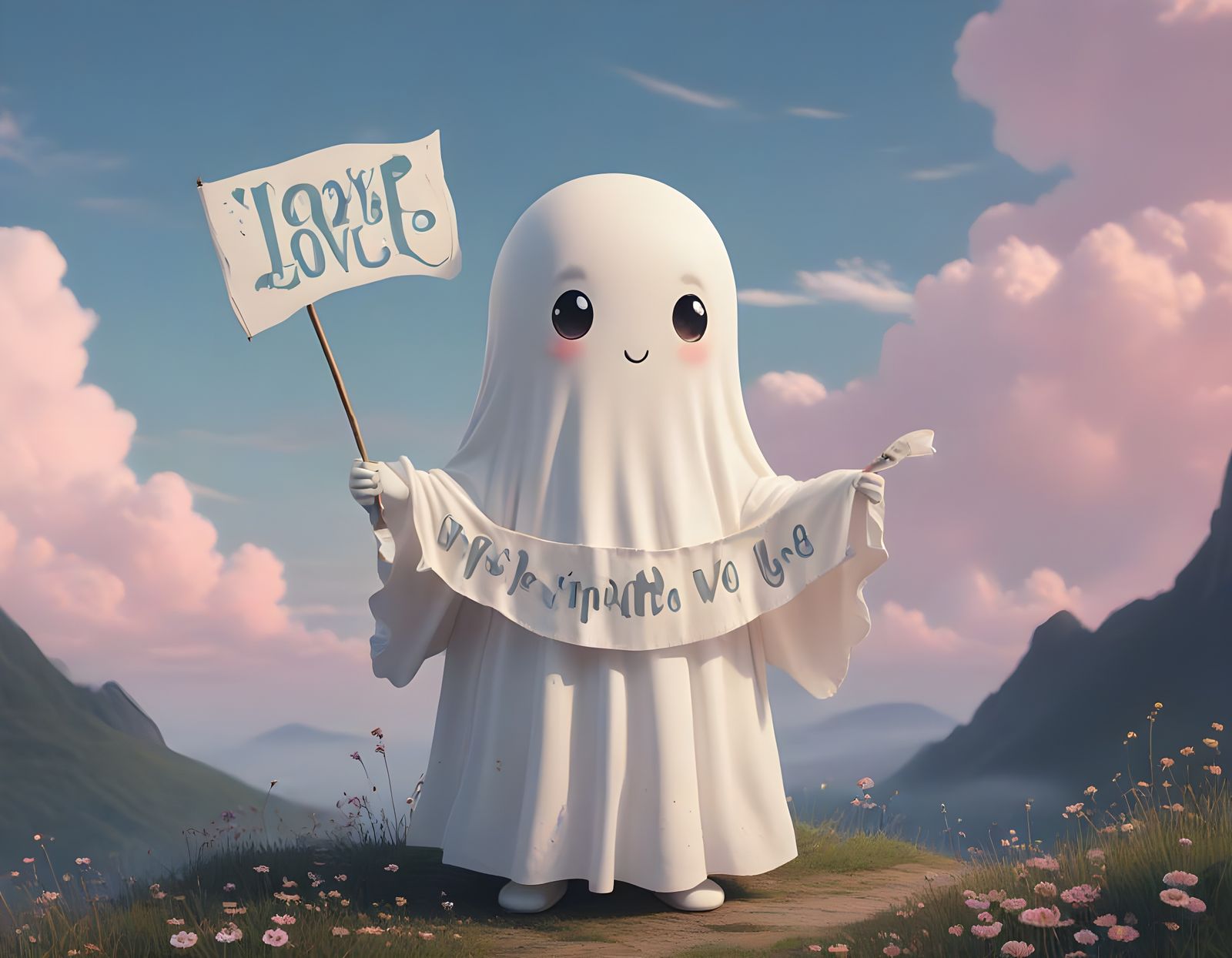 Whimsical Ghost with LOVE Banner in Watercolor Style