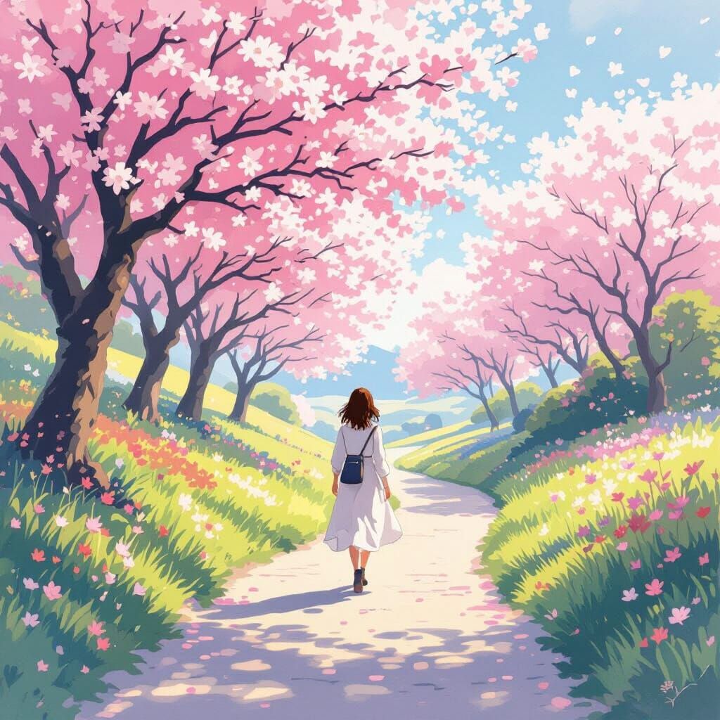 Woman on Cherry Blossom Path in Whimsical Style