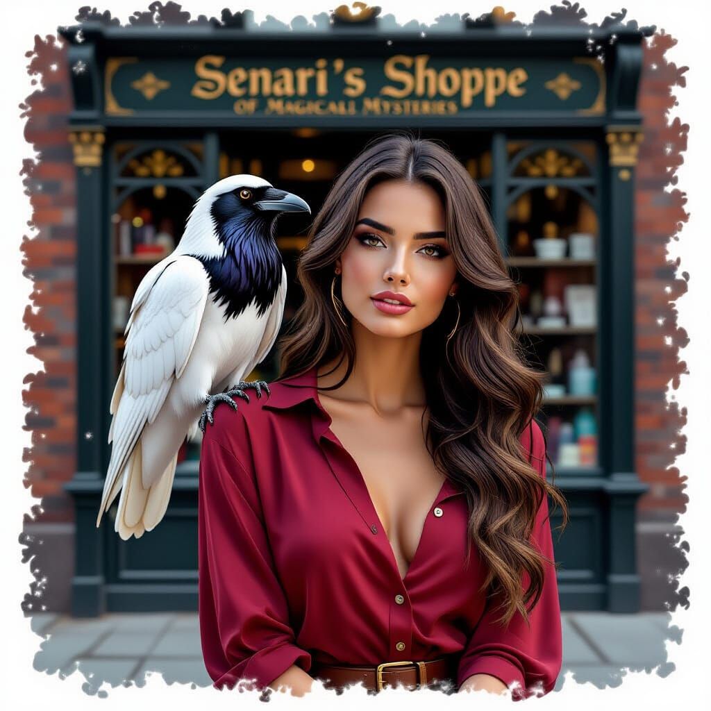 Raven Perched on Brunette's Shoulder Outside Magical Shoppe