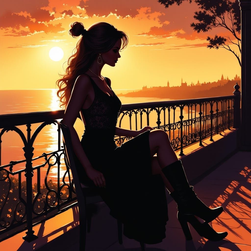 Woman on Terrace at Sunset, Ink and Watercolor Style