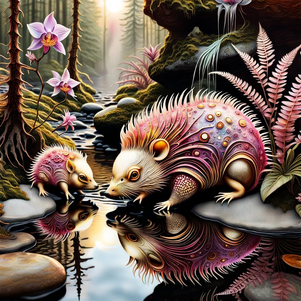 Mythical Porcupines with Orchids in Klimt Watercolor Style