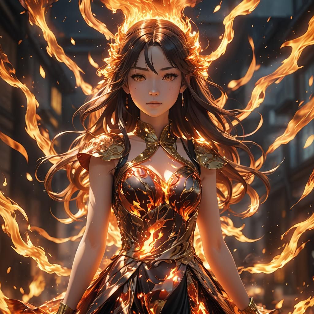 Anime Girl in Flames: 3D Rendered Portrait
