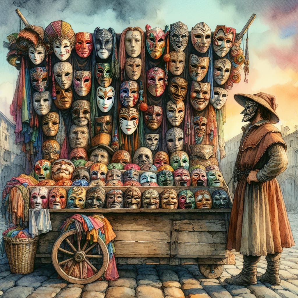 South Asian Peddler Surrounded by Medieval Masks and Clothes...