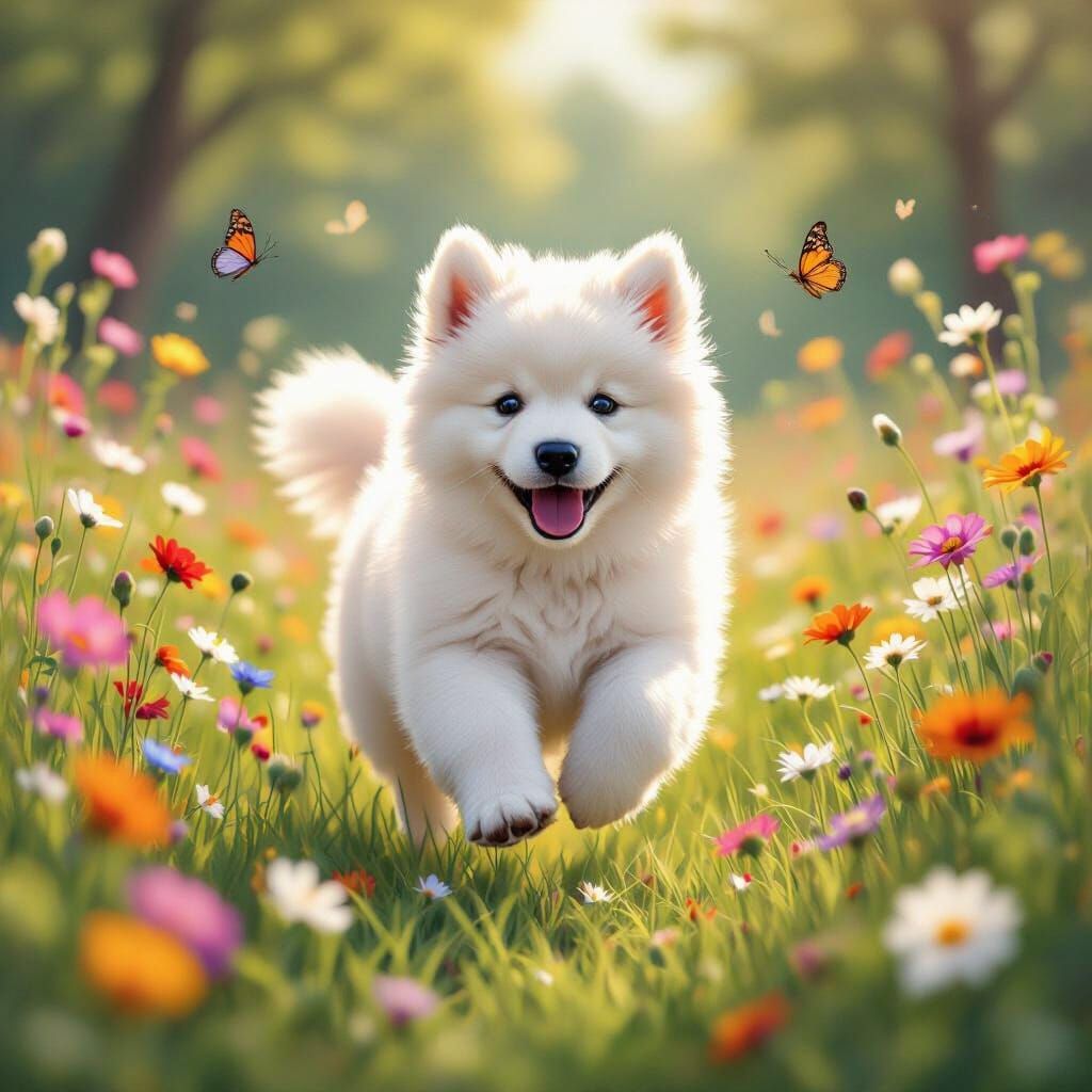 Samoyed Puppy Frolicking in Wildflower Field: Hyperrealistic...
